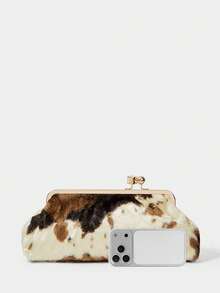 SHECARRY WOMEN'S FASHION RETRO COW PATTERN CLUTCH BAG, SOFT PLUSH MATERIAL, CHAIN DECORATIVE CLIP BAG, FOR DAILY, COMMUTING, SHOPPING, DATING - Milk plush - View 4