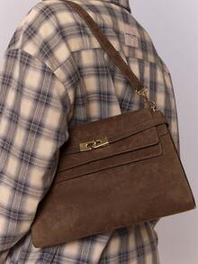 MUSERA Brown Suede Buckle Detail Shoulder Bag Fall Autumn Winter Streetwear Outfits - Suede coffee - View 5
