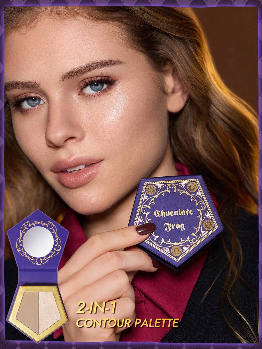 HARRY POTTER X SHEIN 1 buah Palet Kontur Dua Warna Motif Katak Cokelat - Kontur & Highlighter 2-in-1, Serbaguna - Kopi Abu-abu Muda & Kilau Halus Sampanye - View 1