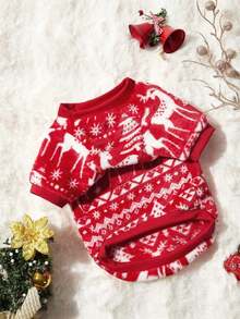 PETSIN 1pc Pet Red Geometric Fairisle Pattern Fleece Warm Red Crew Neck Dog Sweatshirt - Multicolor - View 5
