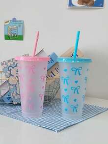1/10Pcs, 24-Ounce Powder Blue Bowknot Plastic Cups With Lids And Straws, Reusable, Cute Transparent Plastic Cups, Suitable For Birthday, Wedding, And Party Supplies. Reusable Plastic Cups With Pink Ribbons, Summer Drink Cups - multicolor - View 5