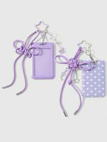 ROMWE Kawaii 1 Unique, Fashionable And Simple Purple Handmade Braided Rope Chinese Knot Acrylic Bow Polka Dot Printing Card Cover DIY Keychain Bag Pendant - Purple - View 1