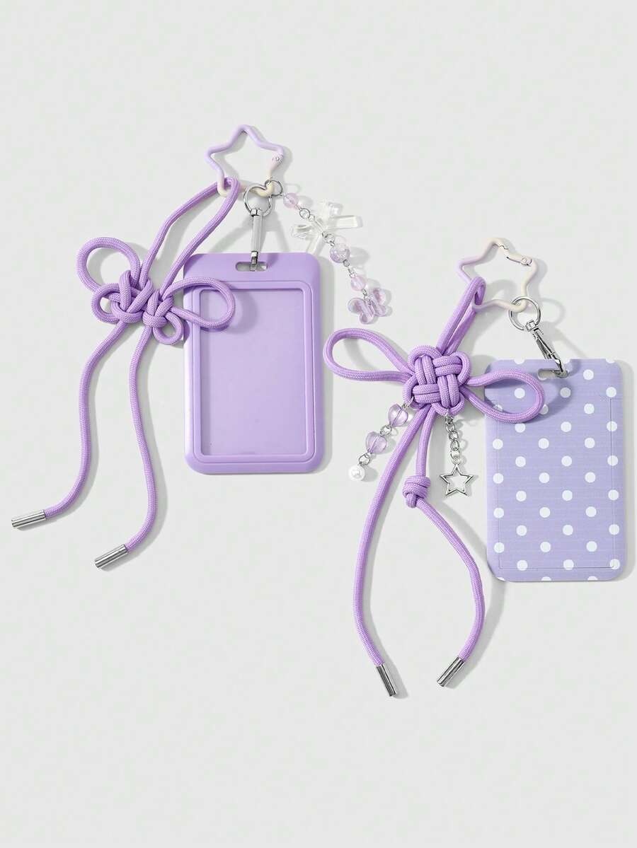 ROMWE Kawaii 1 Unique, Fashionable And Simple Purple Handmade Braided Rope Chinese Knot Acrylic Bow Polka Dot Printing Card Cover DIY Keychain Bag Pendant - Purple - View 1