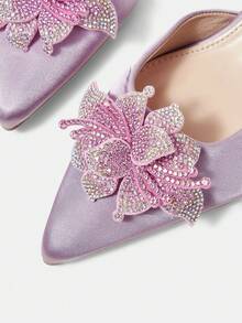 CUCCOO HITCHD Women's Pointed Toe Kitten Heel Rhinestone Floral Satin Comfortable Elegant Pumps, Suitable For Spring/Summer, Weddings, Parties, Formal Occasions Fall Shoes - Dusty Purple - View 4