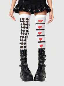 ROMWE Goth 1 Pair Women's Heart Pattern Plaid Over-The-Knee Long Socks - Multicolor - View 6