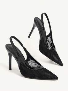 CUCCOO CHICEST French Pure Black Lace Transparent V-Shaped Hemming Pointed Toe Thin Heel Slingback Shoes Elegant Commuting Dating Thin High Heels - Black - View 11