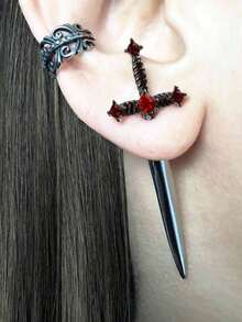 ROMWE 1pair New Gothic Style Sword Shaped Women's Vintage Multicolor Crystal Stud Earrings, Halloween - Red - View 3
