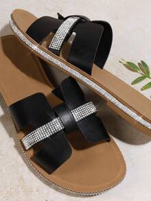 VACAZURE Women's Solid Color Flat Sandals With Rhinestone Decoration - Black - View 3
