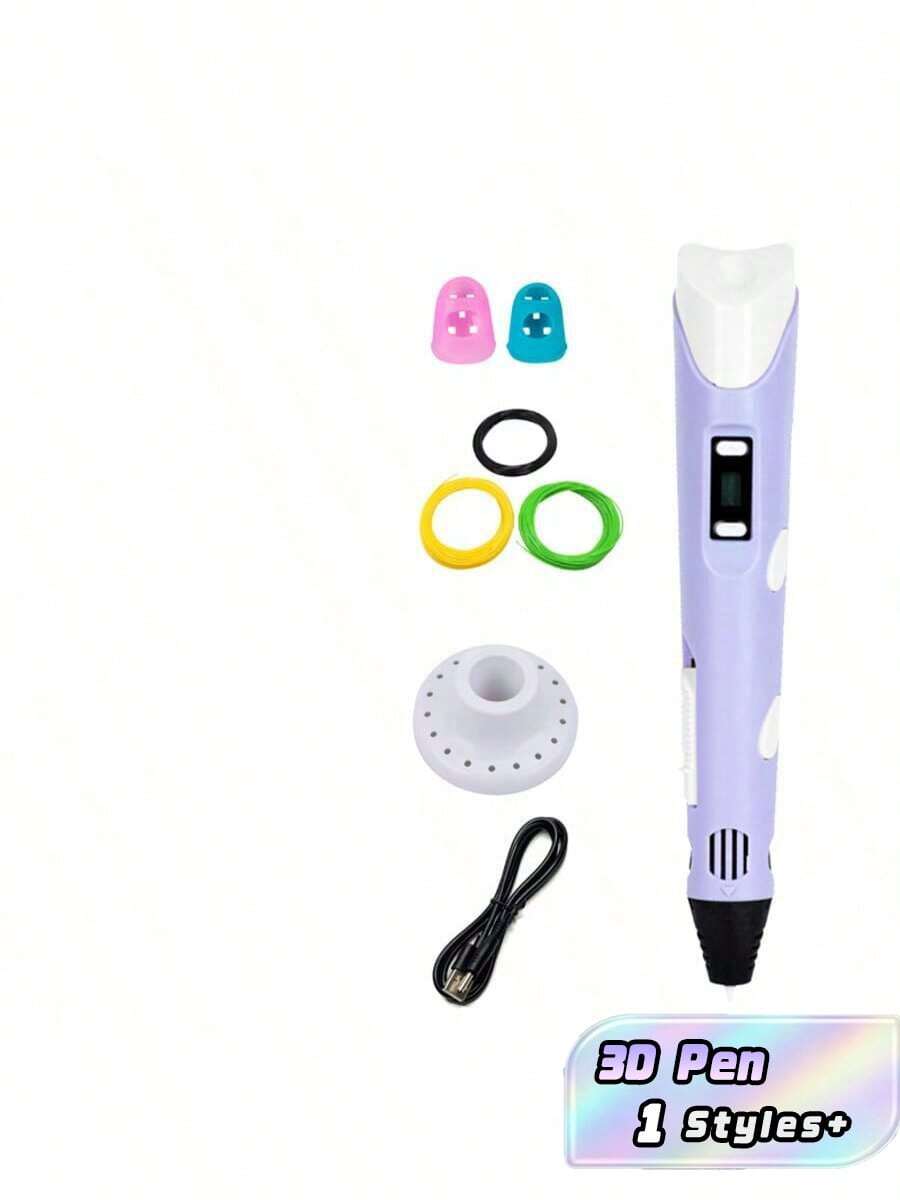 Kit de bolígrafo de impresión 3D de 1 pieza, incluye 9 metros de filamentos PLA de colores aleatorios, soporte para bolígrafo 3D, diseño resistente al calor y cable de datos USB, adaptador no incluido - Morado - Ver 1