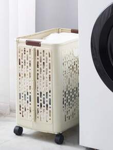 1pc Cream White Foldable Dirty Laundry Basket With Rolling Wheels Hollow Ventilation Design Portable Handle Large Capacity Collapsible Clothes Hamper For Bedroom Bathroom Laundry Room Home Dorm Storage Organizer - View 2