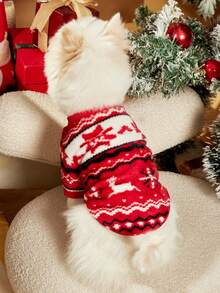 PETSIN 1pc Pet Christmas Red Reindeer Geometric Fair Isle Pattern Flannel Warm Cozy Crew Neck Dog Sweatshirt - Multicolor - View 7