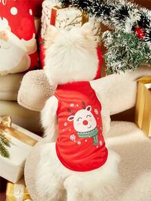 PETSIN 1pc Pet Christmas Reindeer & Snowflake Pattern Printed Red Dog Vest - Multicolor - View 3