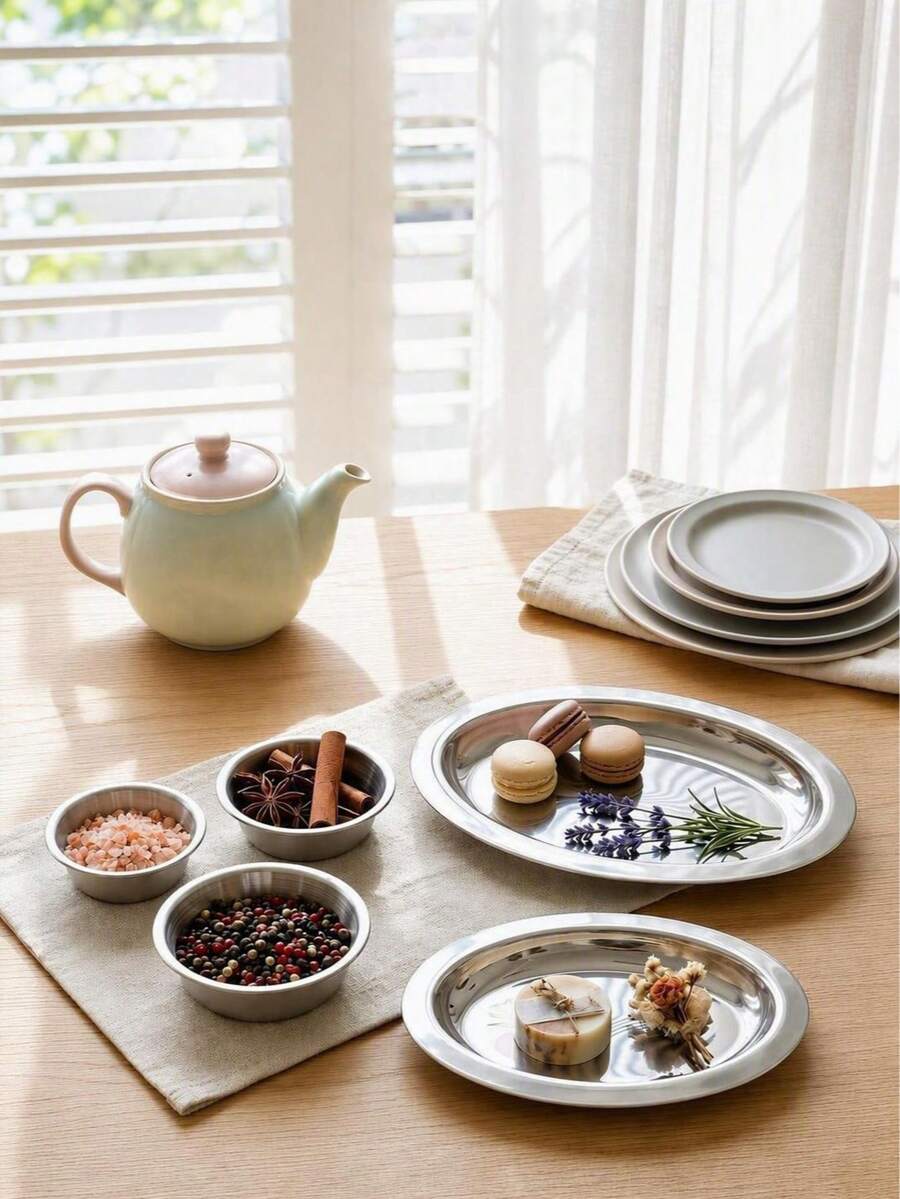 Haus Hana 1pc Stainless Steel Oval Tray, Dessert Plate For Afternoon Tea, Breakfast Bread Plate, Home Kitchen Tableware, Multipurpose Serving Dish For Snacks, Fruits, Also Jewelry Tray, Dip Dish Set - Multicolor - View 1