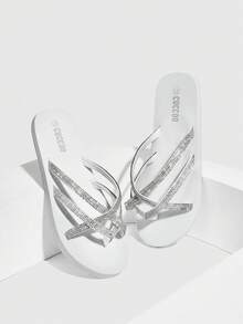 Grefit Fashionable Black Rhinestone Slippers For Women Spring Shoes Spring Break Easter For Casual Beach Style - White - View 7