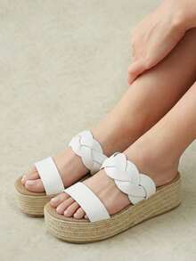 Styleloop Ladies Straw Bottom Beige Woven Belt Ladies Platform Sandals Boho Style Is Suitable For Going Out On Vacation Daily Dating Beach Seaside Travel Ca - White 6 - View 7