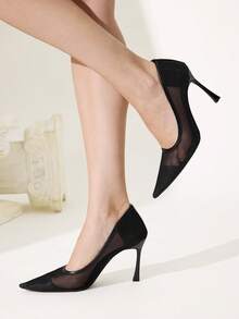 CUCCOO CHICEST Minimalist Style Pure Black Mesh See-Through Pointed High Heels, Thin Heels And Low Vamp Shoes, Daily Street Versatile Models - Black - View 5