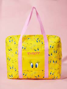 LOONEY TUNES X SHEIN 1 Buah Tas Tote Travel Lipat Bertema Keju Kucing & Tikus, Tas Lengan Koper Poliester Ringan - Bubuk kuning - View 5