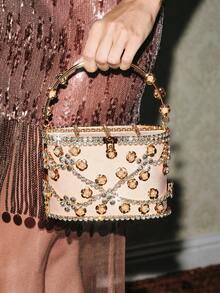 SHECARRY Ladies Fashion Gold Heavy Industry Dinner Bag, Flower Decorated Bucket Bag, For Parties, Festivals, Dates, Gifts, Weddings, Dress Matching - Gold - View 1