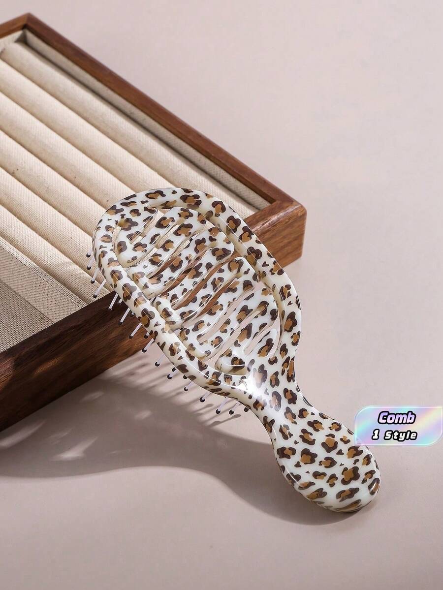 1pc Mini Leopard Print Hollow Portable Styling Hair Brush, Hair Salon Beauty Travel Essential, Unisex, Multi-Functional Detangling Brush, Suitable For Dry & Wet Hair And All Hair Types - Multicolor - View 1