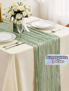 90*180cm Bohemian Polyester Table Runner, Sage Green Solid Color Wrinkle Textured Table Cloth, Fabric Table Mat For Holiday Dining Room Bedroom Decoration, Wedding Party Housewarming Gift - Green - View 2