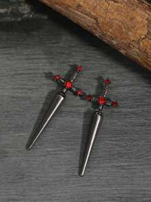 ROMWE 1pair New Gothic Style Sword Shaped Women's Vintage Multicolor Crystal Stud Earrings, Halloween - Red - View 5