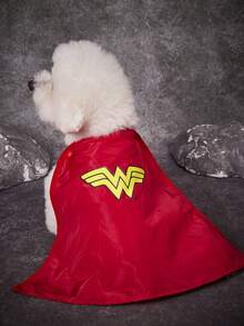 WONDER WOMAN X PETSIN 貓狗通用寵物服裝，魔幻女英雄酷感超級英雄寵物 Cosplay 三件套，包含無袖背心、紅色印花披風與星星皇冠髮箍，適合萬聖節 Cosplay、主題派對與寵物攝影 - 紅色 - 查看 3