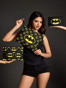 BATMAN X SHEIN 可愛貓咪印花化妝包套組，多尺寸與大容量，適用於化妝品/小物品/電子產品，可單獨購買或成套購買，附拉鍊 - 彩色 - 查看 2
