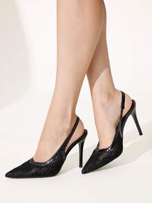 CUCCOO CHICEST French Pure Black Lace Transparent V-Shaped Hemming Pointed Toe Thin Heel Slingback Shoes Elegant Commuting Dating Thin High Heels - Black - View 4