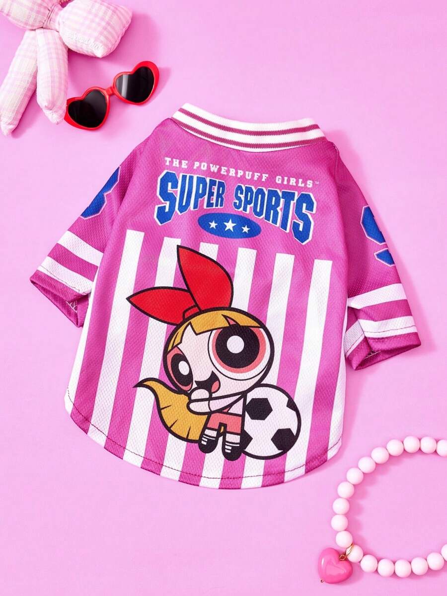 THE POWERPUFF GIRLS X PETSIN 1件裝可愛蝴蝶結大眼女孩踢足球圖案、星星字母印花玫瑰紅配白條紋運動風透氣柔軟舒適寵物衣服 - 彩色 - 查看 1