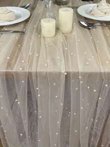 1pc Pearl Table Runner - Transparent Chiffon Fabric, Pearl Chiffon Decorated Table Runner Pearl Mesh Cake Dessert Table Tablecloth Solid Color Beautiful Background Cloth, Suitable For Wedding, Bridal Shower - Multicolor - View 9