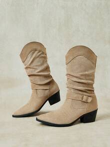 Styleloop Women's Khaki Pointed Toe Chunky Heel Ruched Suede Mid-Calf Boots Autumn Office Fall Boots - Khaki 01 - View 5