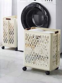 1pc Cream White Foldable Dirty Laundry Basket With Rolling Wheels Hollow Ventilation Design Portable Handle Large Capacity Collapsible Clothes Hamper For Bedroom Bathroom Laundry Room Home Dorm Storage Organizer - View 6