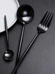 24Pcs Black Stainless Steel Flatware Set, Premium Mirror Polished Metal Dinner Fork, Dinner Spoon & Tea Spoon, Anti-Rust Reusable Cutlery Utensils, Elegant Long Handle Tableware For Home Kitchen, Restaurant, Wedding Party & Daily Dining Use - Black - View 4