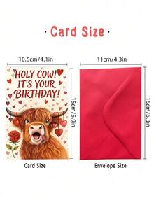 1件幽默高地牛「Holy Cow! It's Your Birthday!」生日卡，附信封，高級啞光紙，可愛高地牛與愛心插圖，適合牛迷的理想趣味生日卡 - 多色 - 查看 6