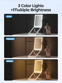 Teckwe Tabletop Makeup Mirror With Light, Foldable And Height-Adjustable Desktop, Adjustable LED Light For Touch-Ups. Features A Three-Color Light With Stepless Dimming And A 10x Magnifying Glass.ABS+Glass 1200mAh - White - View 3