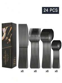 4/16/24pcs Stainless Steel Black Steak Knife, Fork, Spoon Cutlery Set With Gift Box, Suitable For Hotel, Restaurant, Home Dining, And Gift Giving - Black - View 12