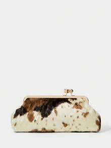 SHECARRY WOMEN'S FASHION RETRO COW PATTERN CLUTCH BAG, SOFT PLUSH MATERIAL, CHAIN DECORATIVE CLIP BAG, FOR DAILY, COMMUTING, SHOPPING, DATING - Milk plush - View 1
