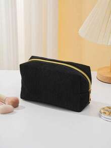 1Pc Large Capacity Corduroy Makeup Bag Portable Zipper Closure Sturdy Cosmetic Pouch Solid Black Soft Textured Storage Organizer For Women Travel Daily Use Toiletry Bag Beauty Accessory Cosmetic Case Handbag Pouch. - black - View 4