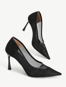 CUCCOO CHICEST Minimalist Style Pure Black Mesh See-Through Pointed High Heels, Thin Heels And Low Vamp Shoes, Daily Street Versatile Models - Black - View 10