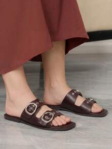 Sleekvia Women's New Comfortable Flat Wear-Resistant Versatile Burgundy Metallic Outdoor Sandals - Burgundy - View 4