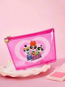 THE POWERPUFF GIRLS X SHEIN Transparent PVC Cartoon Print Cosmetic Bag, Large Capacity, Waterproof Stain Resistant, Holds Makeup Skincare Toiletries For Travel & Business Trips - Pink - View 2