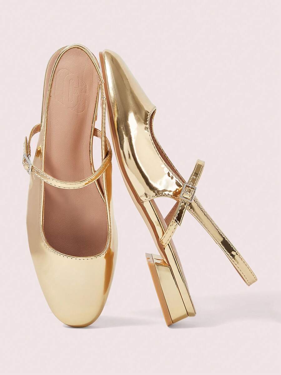 CUCCOO DOLLMOD Women's Shoes Gold Glossy Textured Back Lift Mary Jane Flats - Gold - View 1