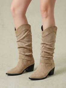 Styleloop Women's Khaki Pointed Toe Chunky Heel Ruched Suede Mid-Calf Boots Autumn Office Fall Boots - Khaki 01 - View 1