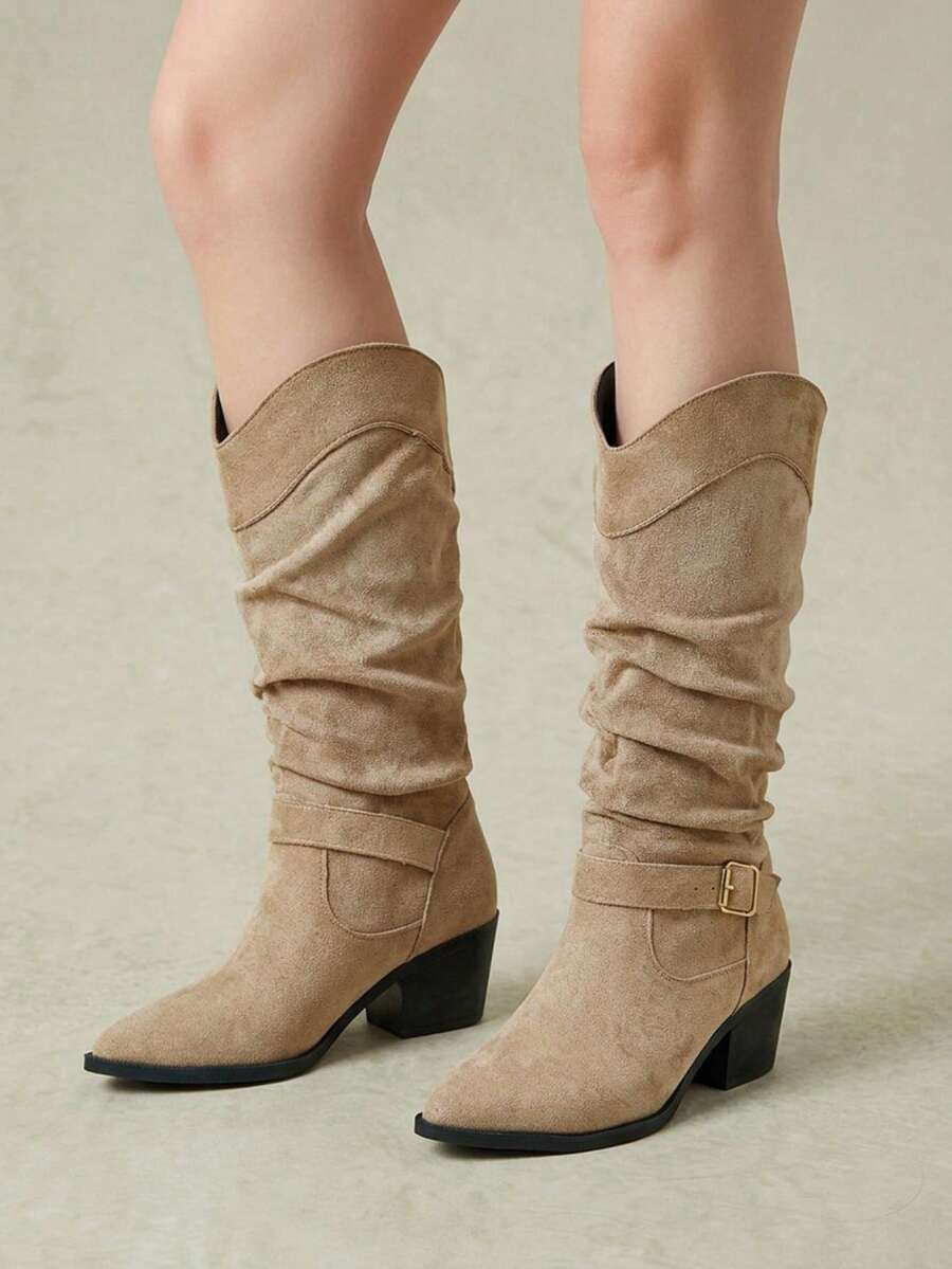 Styleloop Women's Khaki Pointed Toe Chunky Heel Ruched Suede Mid-Calf Boots Autumn Office Fall Boots - Khaki 01 - View 1
