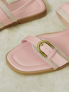 Styleloop French Maillard Style Double Gold Buckle Sandals Soft Sole Non-Slip Flat Roman Shoes Summer Wear Versatile Belt Shoes - Dusty Pink - View 10