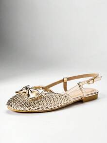 VACAZURE Women's Elegant Ribbon Decorated Woven PU Comfortable Sling-Back Flats - Gold - View 3
