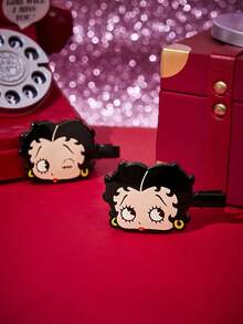 Betty Boop X Joivida 2件組粉色蝴蝶結貓頭樹脂髮夾，鋅合金鱷魚夾，女性側瀏海夾，甜美少女風髮飾髮夾，適合日常配戴 - 黑色 - 查看 3