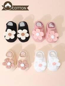 SHEIN 4 Pairs Of Girls And Children Cute Lady Flower Decorative Socks, Solid Color Non-Slip Bottom Boat Socks, Versatile In All Seasons - Multicolor - View 1