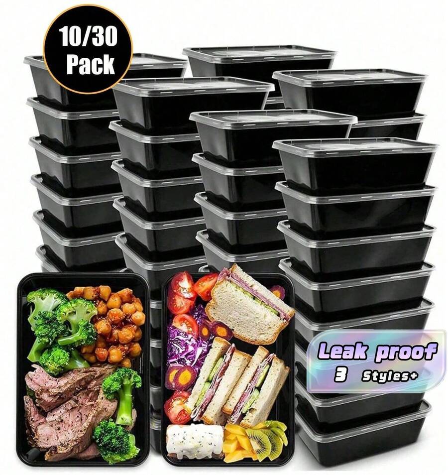 Set Of 10 (5 Lids + 5 Containers) Meal Prep Containers, 750-Milliliter Curved Plastic Food Storage Containers, Ready-To-Eat Food Containers, Disposable Food Containers, Microwave-, Dishwasher-, And Refrigerator, Kitchenware - Black - View 1