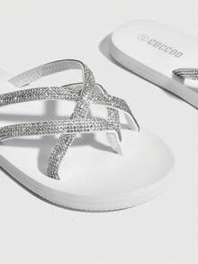 Grefit Fashionable Black Rhinestone Slippers For Women Spring Shoes Spring Break Easter For Casual Beach Style - White - View 3